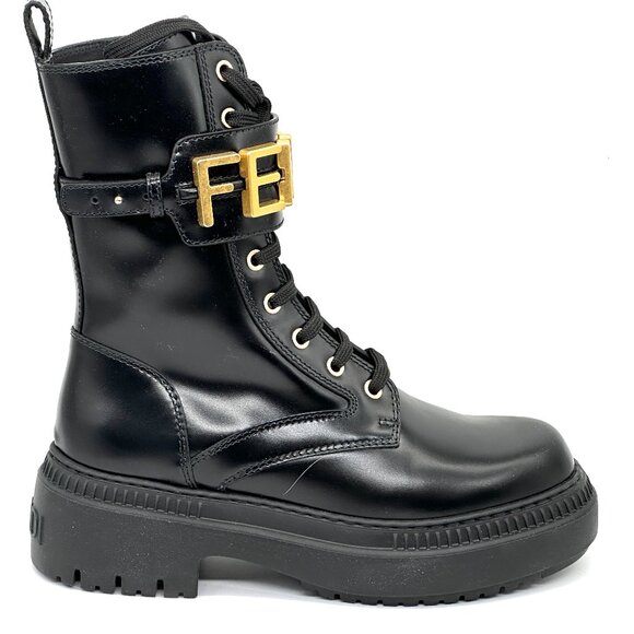 FENDI Fendigraphy Graphy Signature Logo Cuff Leather Biker Combat Boots - Picture 9 of 16